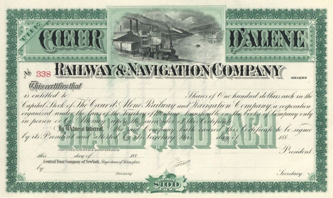 Coeur D'Alene Railway & Navigation Co. - Unissued Idaho Railroad Stock Certificate