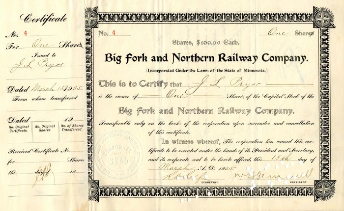 Big Fork and Northern Railway Co. - Stock Certificate