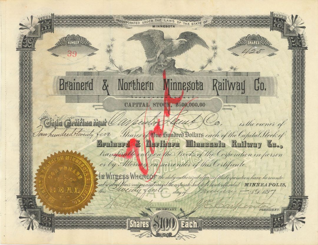 Brainerd and Northern Minnesota Railway Co. - 1892-99 dated Railroad Stock Certificate - Part of the Northern Pacific Railroad