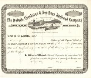 Duluth, Crookston and Northern Railroad - Stock Certificate