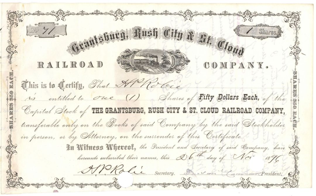 Grantsburg, Rush City & St. Cloud Railroad Co. - 1878-98 dated Minnesota Railway Stock Certificate - Part of the Northern Pacific Railway System