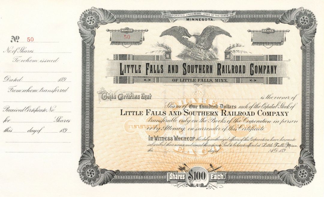 Little Falls and Southern Railroad - Little Falls, Minnesota - Unissued Railway Stock Certificate