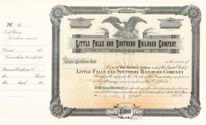 Little Falls and Southern Railroad - Little Falls, Minnesota - Unissued Railway Stock Certificate