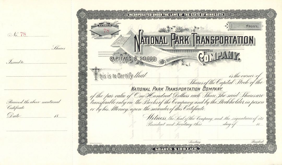 National Park Transportation Co. - Unissued Minnesota Stock Certificate - Branch Line of the Northern Pacific Railroad
