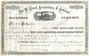 St. Cloud, Grantsburg and Ashland Railroad Co. - 1879-94 dated Minnesota Railway Stock Certificate - Part of the Northern Pacific Rail System