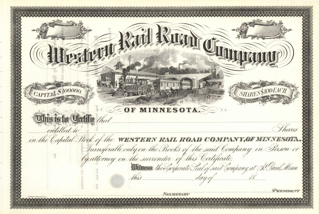 Western Rail Road Co. of Minnesota - Unissued Railway Stock Certificate - Branch Line of the Northern Pacific Railroad
