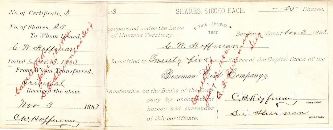 Bozeman Coal Co. - Stock Certificate