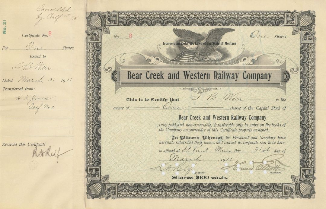 Bear Creek and Western Railway Company - Stock Certificate