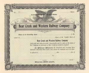 Bear Creek and Western Railway Co. - Stock Certificate