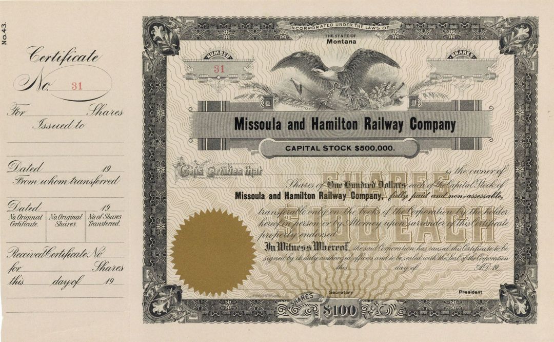 Missoula and Hamilton Railway Co. - Unissued Montana Railroad Stock Certificate