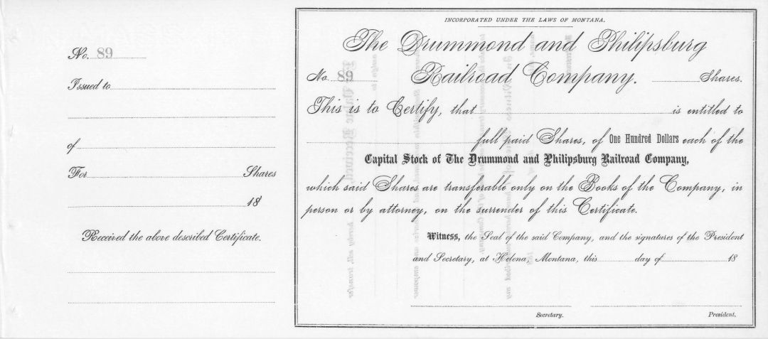 Drummond and Philipsburg Railroad Co.- Montana Railway Unissued Stock Certificate - Northern Pacific Railroad
