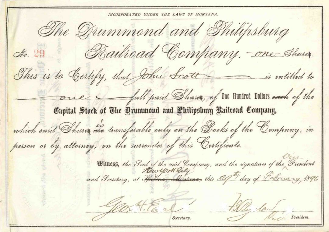 Drummond and Philipsburg Railroad Co. - Montana Railway Stock Certificate - Northern Pacific Railroad