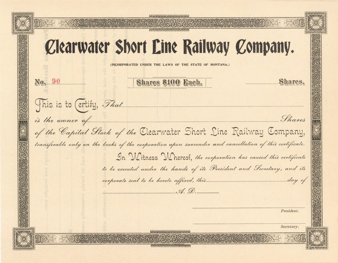 Clearwater Short Line Railway - Unissued Railroad Stock Certificate