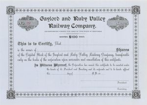 Gaylord and Ruby Valley Railway Co. - Stock Certificate