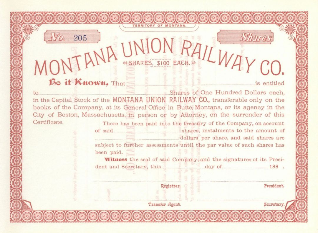 Montana Union Railway Co. - Unissued Railroad Stock Certificate - Branch Line of the Northern Pacific Railroad