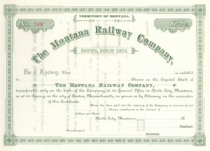 Montana Railway Co. - Unissued Railroad Stock Certificate - Branch Line of the Northern Pacific Railroad