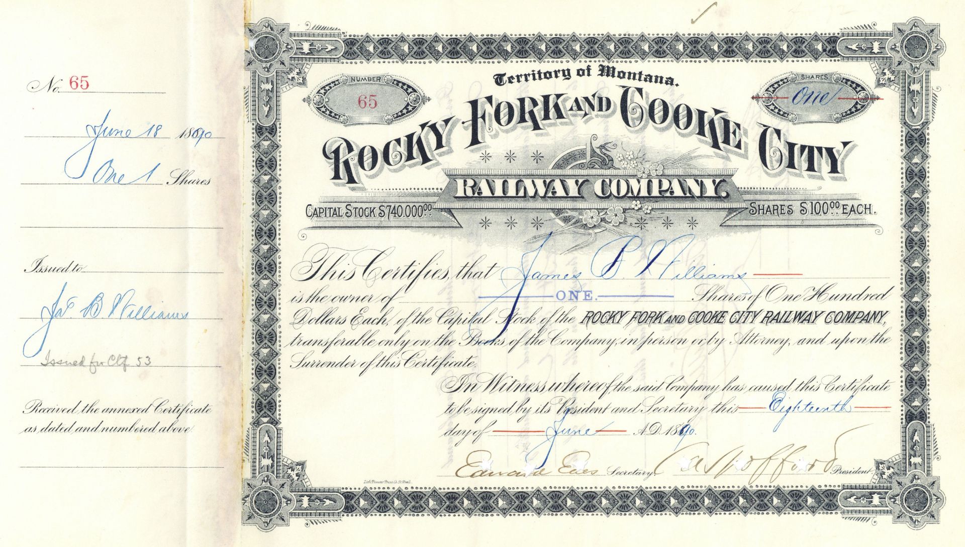 Rocky Fork and Cooke City Railway Co. - Branch Line of the Northern Pacific - Stock Certificate