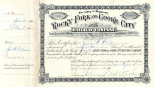Rocky Fork and Cooke City Railway Co. - Branch Line of the Northern Pacific - Railroad Stock Certificate