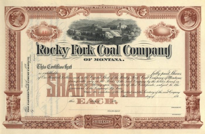 Rocky Fork Coal Co. of Montana - Coal and Railway Unissued Stock Certificate