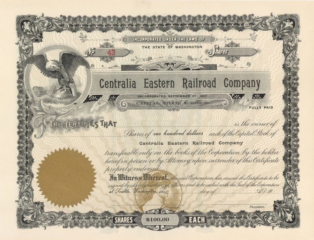 Centralia Eastern Railroad Co. - Northern Pacific Archive - Unissued Railway Stock Certificate - Washington State
