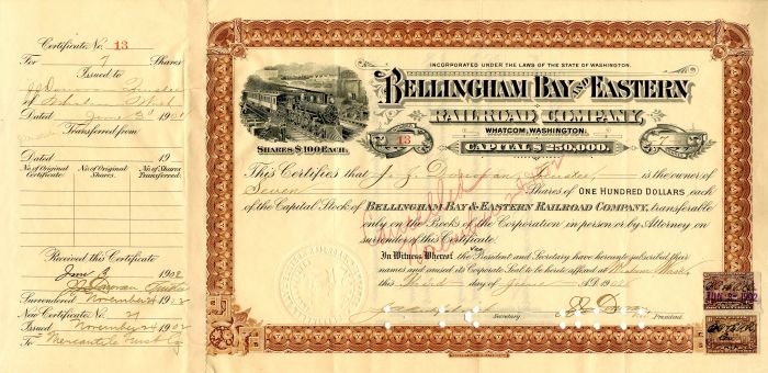 Bellingham Bay and Eastern Railroad Co. - Stock Certificate