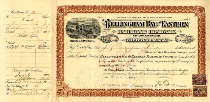 Bellingham Bay and Eastern Railroad Co. - 1902 dated Railway Stock Certificate - Fully Issued