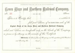 Green River and Northern Railroad Co. - Northern Pacific Archive - Unissued Railway Stock Certificate - Washington State