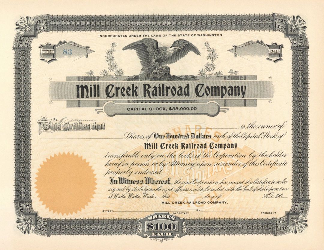 Mill Creek Railroad Co. - Northern Pacific Archive - Unissued Railway Stock Certificate - Washington State