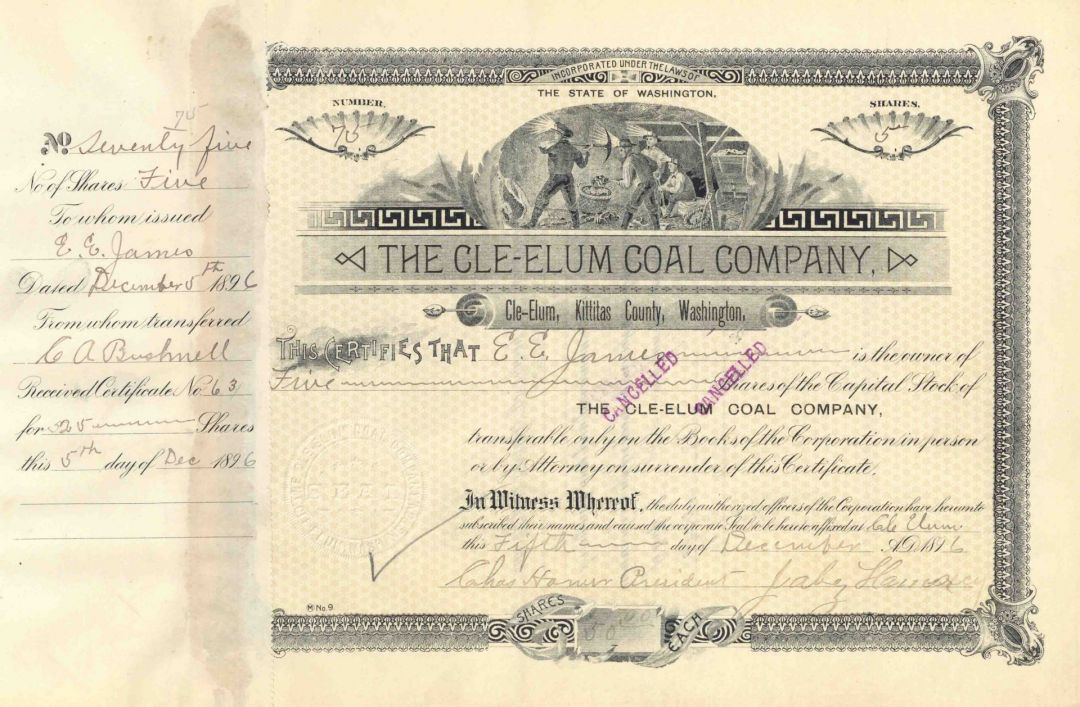 Cle-elum Coal Co. - Mining Stock Certificate - Northern Pacific Archive - Washington State