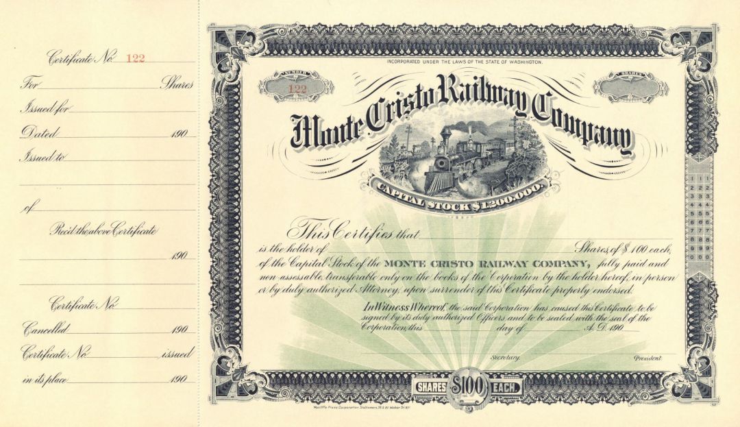 Monte Cristo Railway Co. - Washington Unissued Railroad Stock Certificate - Branch Line of the Northern Pacific Railroad