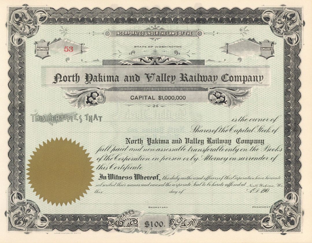 North Yakima and Valley Railway Co. - Unissued Railroad Stock Certificate