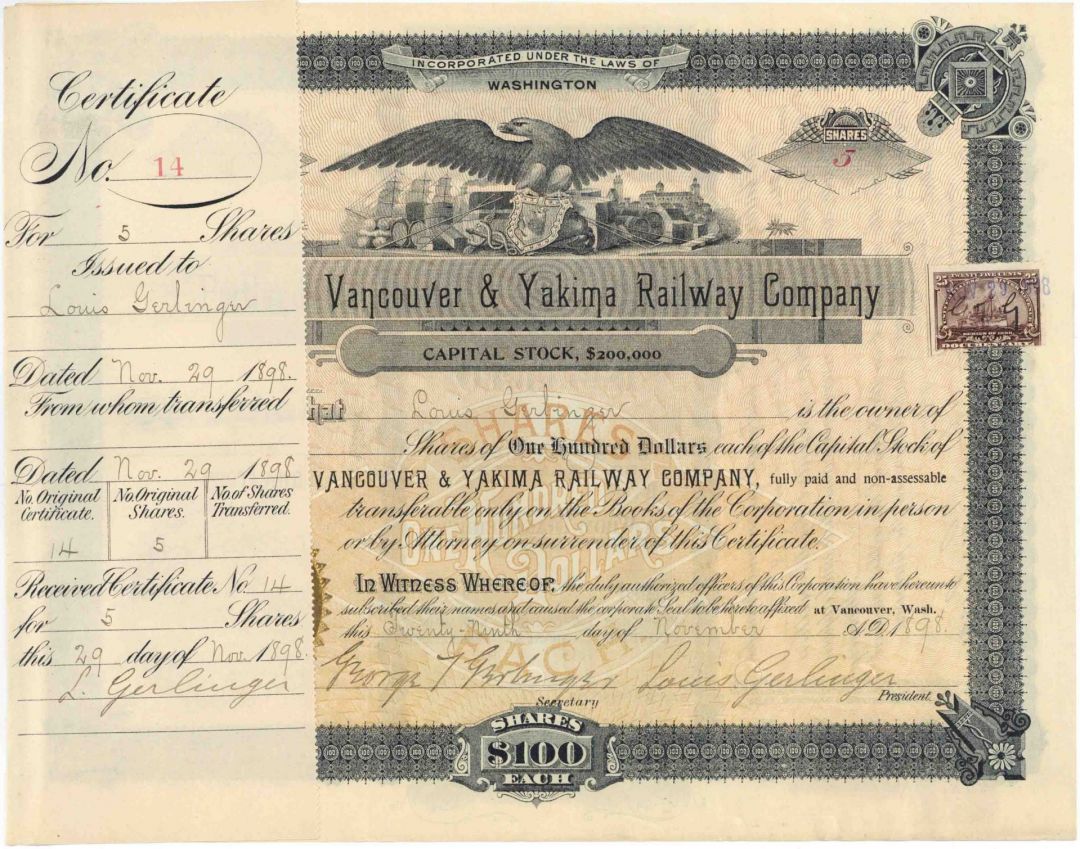 Portland Vancouver and Yakima Railway Co. signed by Louis Gerlinger - Railroad Stock Certificate