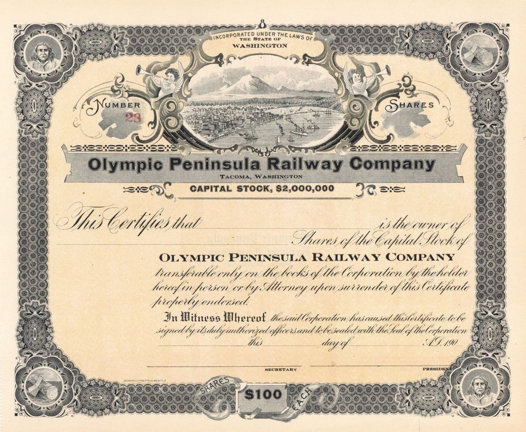 Olympic Peninsula Railway Co. - Northern Pacific Archive - Unissued Railroad Stock Certificate - Washington State