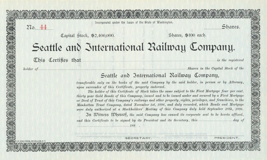 Seattle and International Railway Co. - Northern Pacific Archive - Unissued Railroad Stock Certificate - Washington State