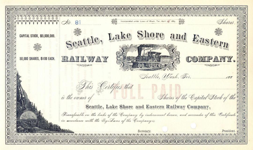 Seattle, Lake Shore and Eastern Railway Co. - Railroad Unissued Stock Certificate - Branch Line of the Northern Pacific Railroad