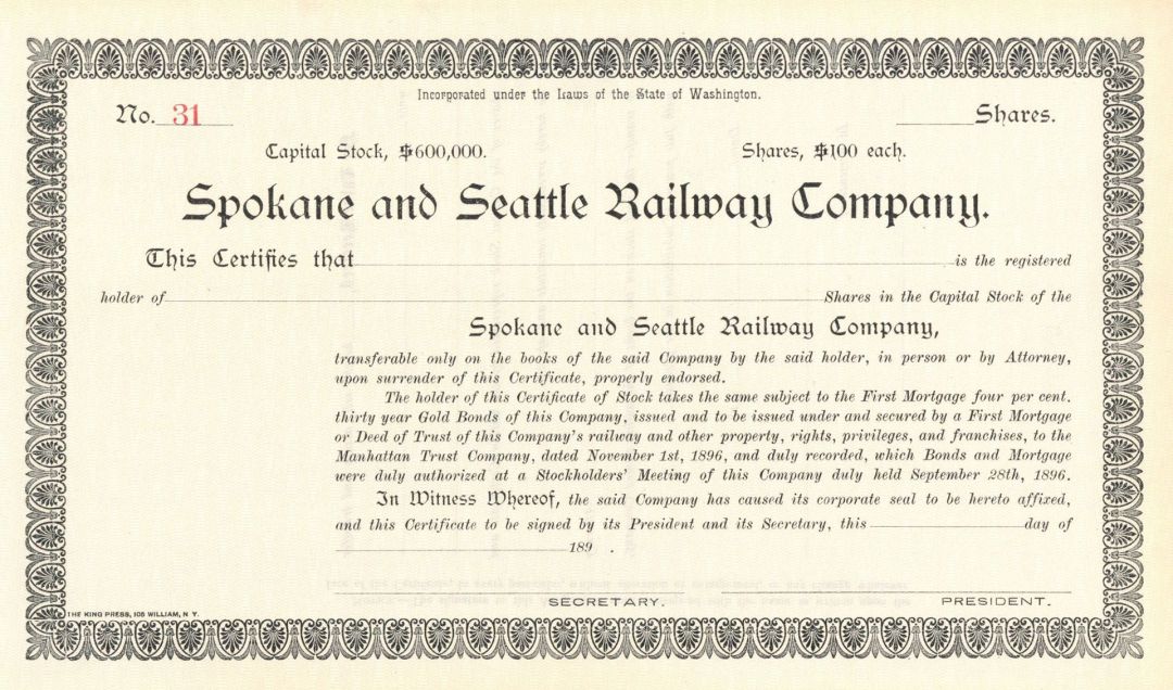 Spokane and Seattle Railway Co. - Unissued Railroad Stock Certificate