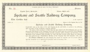 Spokane and Seattle Railway Co. - Unissued Railroad Stock Certificate