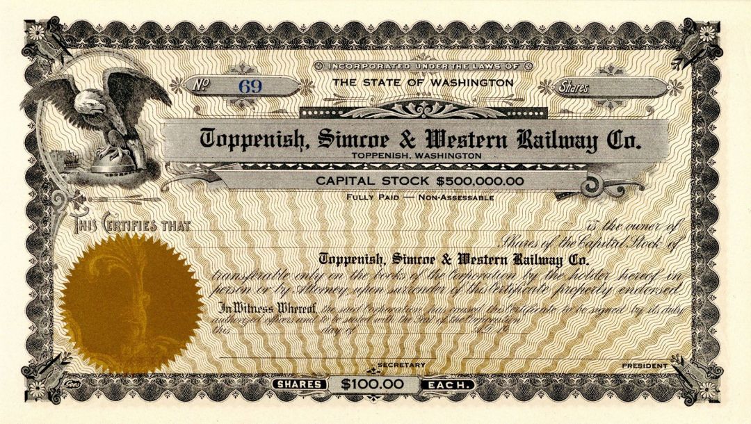 Toppenish, Simcoe and Western Railway Co. - Unissued Railroad Stock Certificate