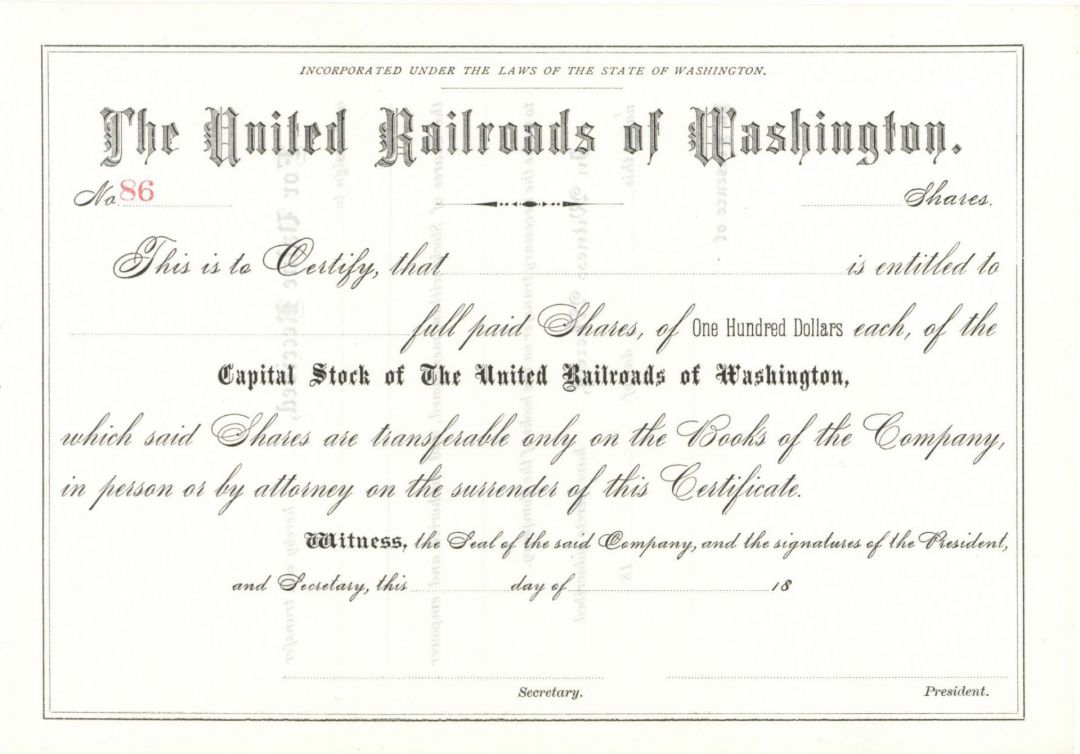 United Railroads of Washington - Northern Pacific Archive - Unissued Railroad Stock Certificate - Washington State