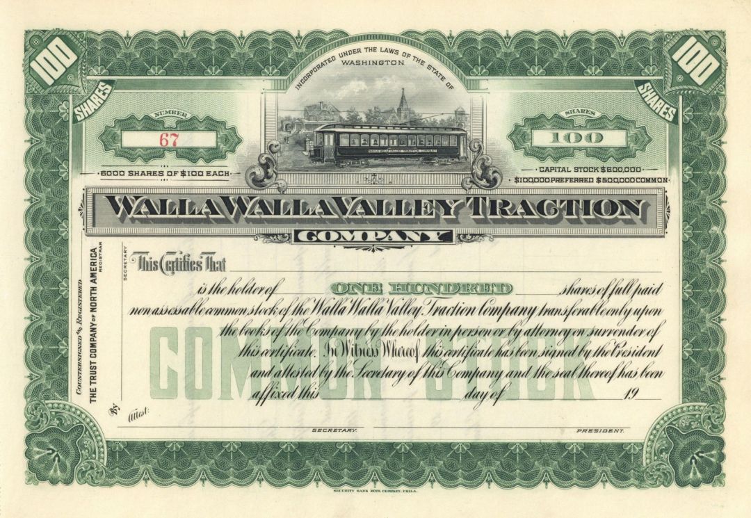 Walla Walla Valley Traction Co. - Unissued Washington and Oregon Railroad Stock Certificate