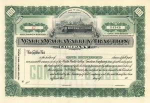 Walla Walla Valley Traction Co. - Unissued Washington and Oregon Railroad Stock Certificate