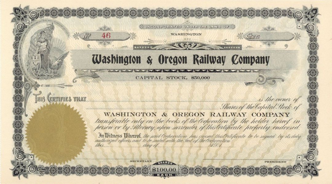 Washington and Oregon Railway Co. - Northern Pacific Archive - Unissued Railroad Stock Certificate - Washington State 