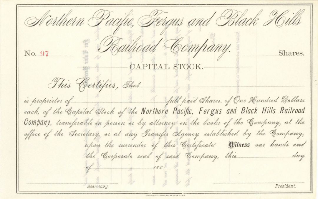 Northern Pacific, Fergus and Black Hills Railroad - Unissued Railway Stock Certificate - Branch Line of the Northern Pacific Railroad