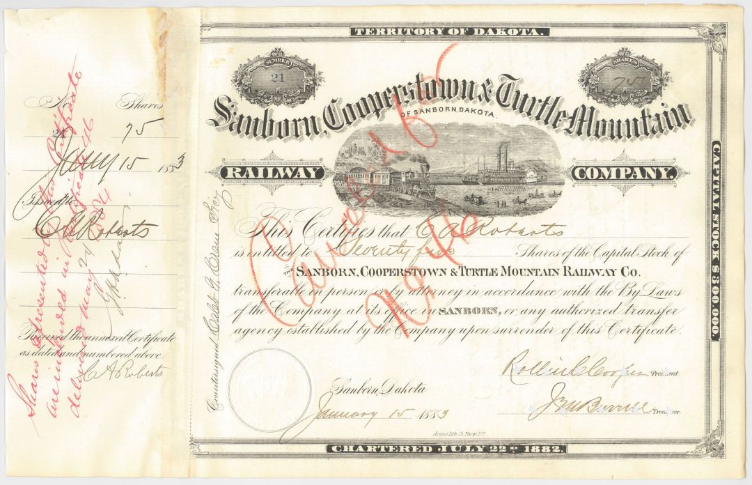 Sanborn, Cooperstown and Turtle Mountain Railway Co. - Railroad Stock Certificate - Branch Line of the Northern Pacific Railroad