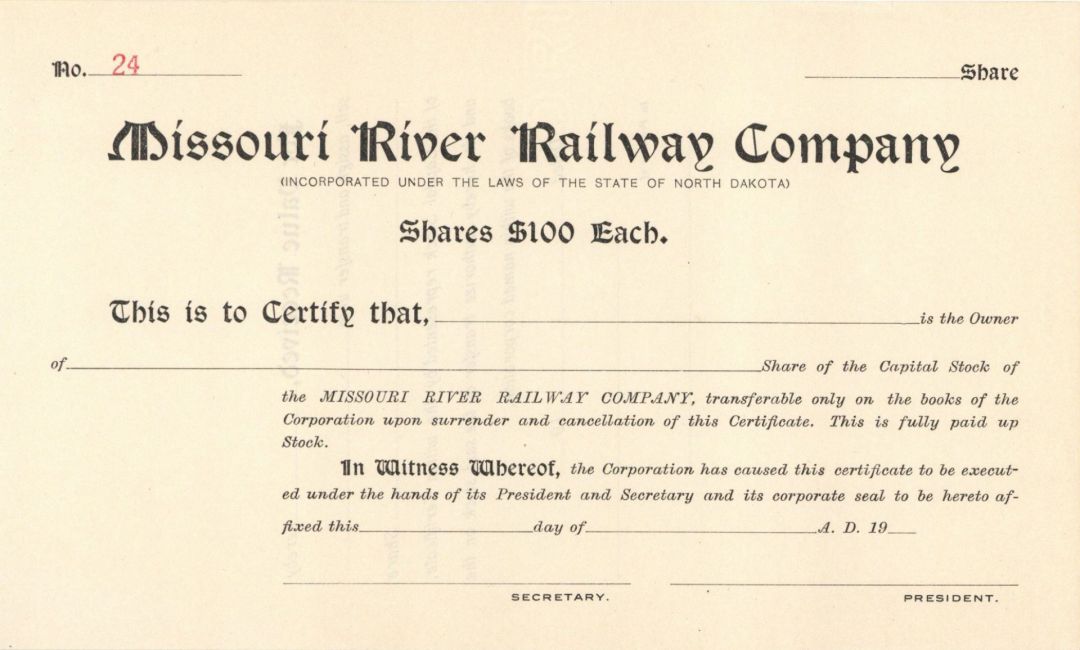 Missouri River Railway Co. - Stock Certificate