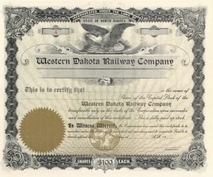 Western Dakota Railway Co. - Stock Certificate