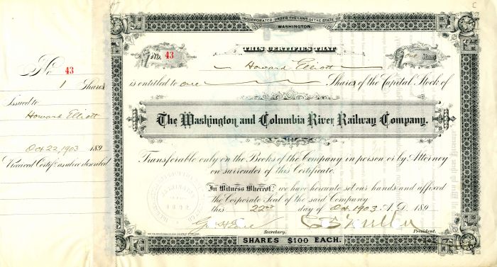 C.S. Mellen and Geo. H. Earl signed Washington and Columbia River Railway Company - Stock Certificate