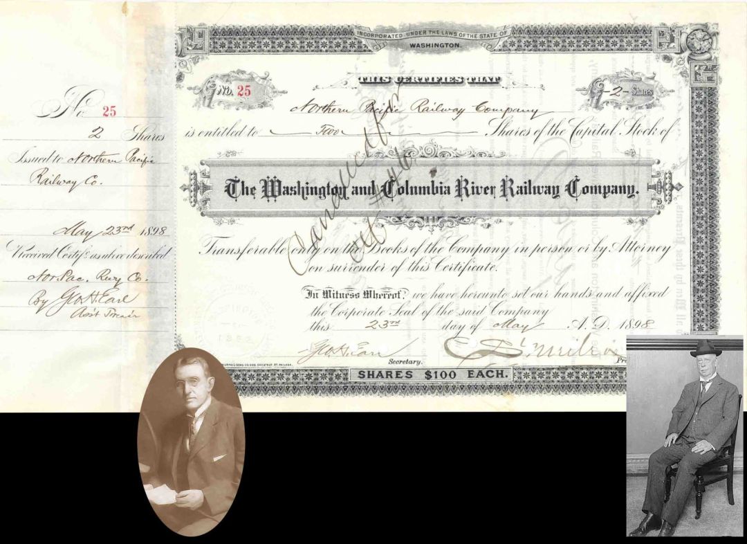 Washington and Columbia River Railway Co. signed by Geo. H. Earl and C.S. Mellen - 1898 dated Autographed Stock Certificate