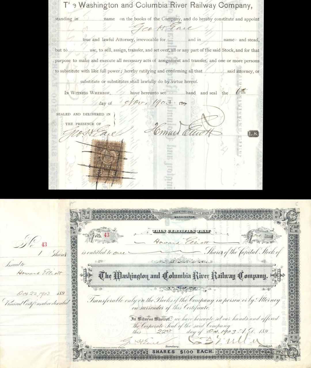Washington and Columbia River Railway Co. Signed by Geo. H. Earl, C.S. Mellen and Howard Elliott - 1903 dated Autographed Stock Certificate