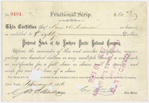 Northern Pacific Railroad Co. - Only 5 Found - Rare Fractional Scrip - 1876 dated Preferred Stock Certificate